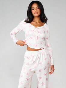 MISSGUIDED Bow Print Long Sleeve V-Neck Crop Top And Wide Leg Lounge Pants Two Piece Set Casual Sleepwear - Multicolor - View 3