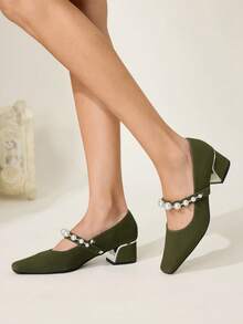 CUCCOO CHICEST Women's Vintage Elegant Suede Pumps With Pearl, Rhinestone Chain Strap, Square Toe, Block Heel, Suitable For Formal Occasions, Parties, Christmas, New Year, Green - Green - View 4