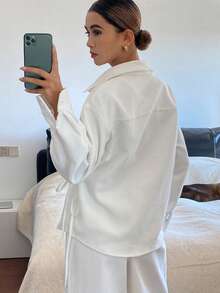 DAZY Women's Lapel Side Tie Loose Open Front Casual Shirt Long Sleeve - White - View 5