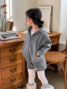 DAZY Young Girl' Hooded Solid Color Knitted Sweater And Knitted Shorts Set - Grey - View 6