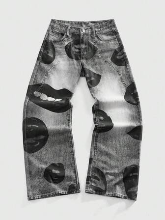 Street Life Herren Jeans mit Lippen-Muster Tasche, vielseitig einsetzbar