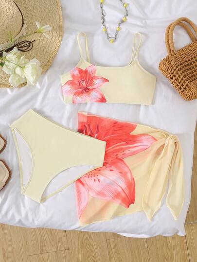 SHEIN Tween Girl Floral Print Comfortable Casual Swimsuit Set