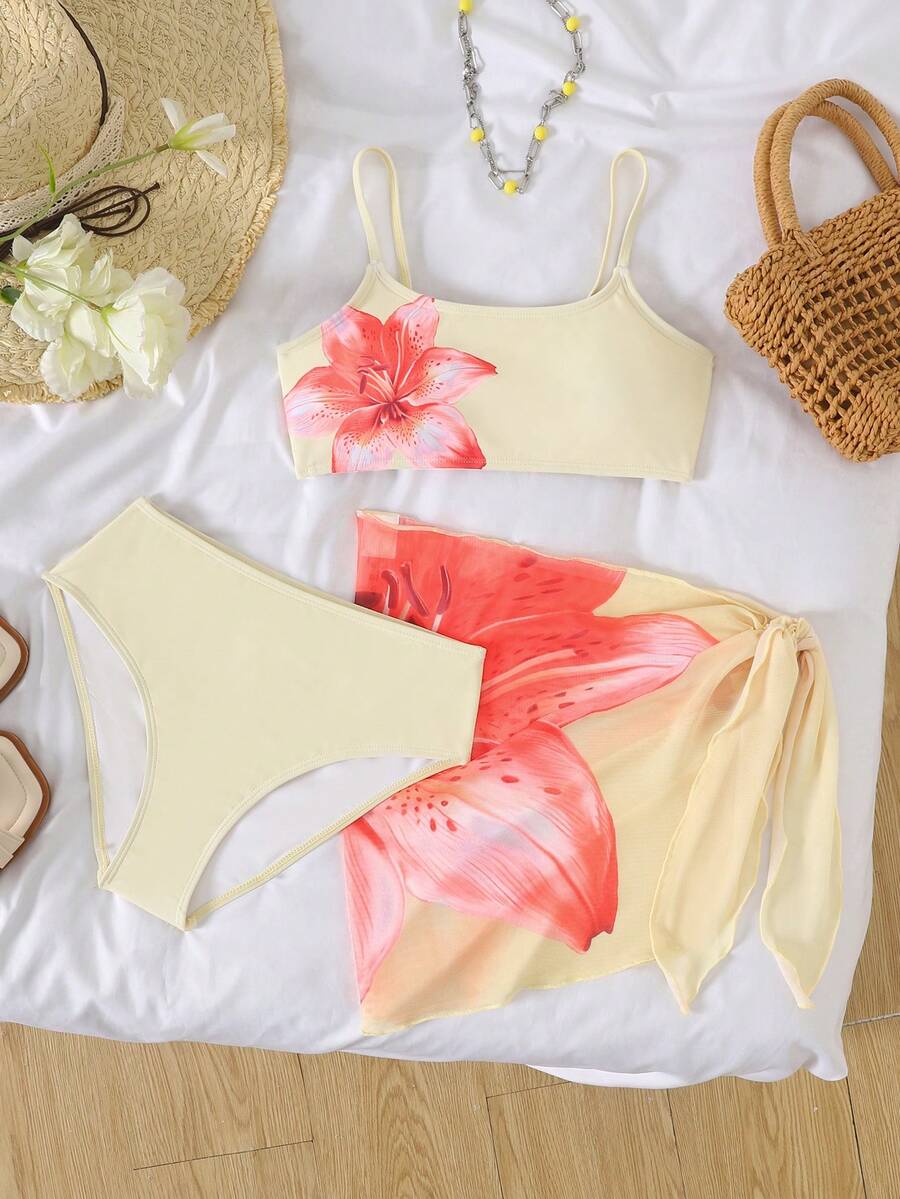 SHEIN Tween Girl Floral Print Comfortable Casual Swimsuit Set