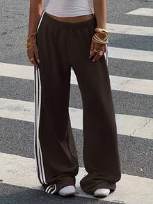 SHEIN EZwear Women's Chocolate Brown Casual Wide Leg Sweatpants With Side Stripe Detail And Extra Long Knitted Fabric For Everyday Comfort Brown Pants Striped Pants Oversized Pants Wide Leg Pants Loose Pants Wide Pants Brown Bottoms Women - Chocolate Brown - View 4