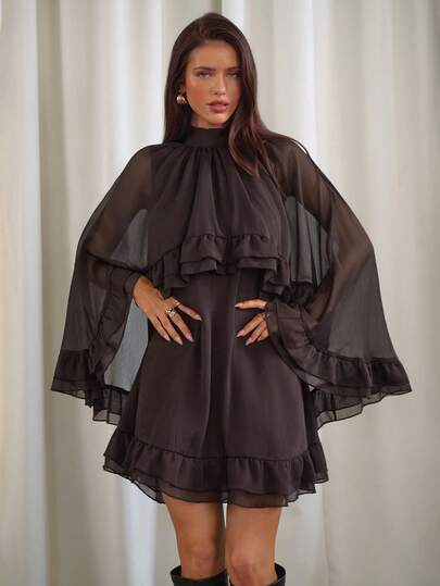 Aloruh Kahve Rengi Şifon 2'si 1 Arada Pelerin Elbise, Uzun Kollu Şık Ofis İşe Gidiş Elbisesi (Bahar İçin)