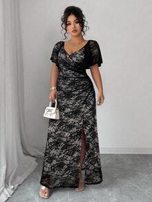 SHEIN Elenzya Women's Romantic, Ruffle Sleeve, Waist Pleated Slit Dress, Elegant For Party And Banquet Long Dress Lace Dress Long Lace Dress Curve Elegant Dress - Black - View 5