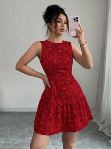 Elenzga 波西米亚风印花无袖系带迷你连衣裙，优雅法式设计，适合毕业季和夏季穿着 - 紅色 - 查看 6