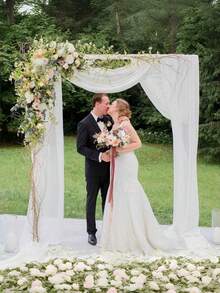 1件白色婚礼薄纱布帘背景装饰，适用于户外拱门派对仪式拍照区装饰舞台背景透明帘 - 白色 - 查看 4