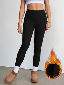 SHEIN Tall Ribbade termofodrade leggings för kvinnor, lämpliga för höst/vinter. Högmidjade leggings. Vinterleggings med vikbar midja. Svarta leggings. Damleggings med komönster. Högmidjade leggings. Termoleggings. - Svart - Visa 3