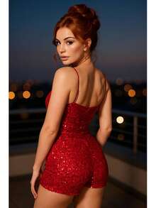 Vestido Sexy Dama Premium Vestido Lentejuelas Elegante Vestido Tirantes Vestido Short Sexy - Rojo - Ver 5