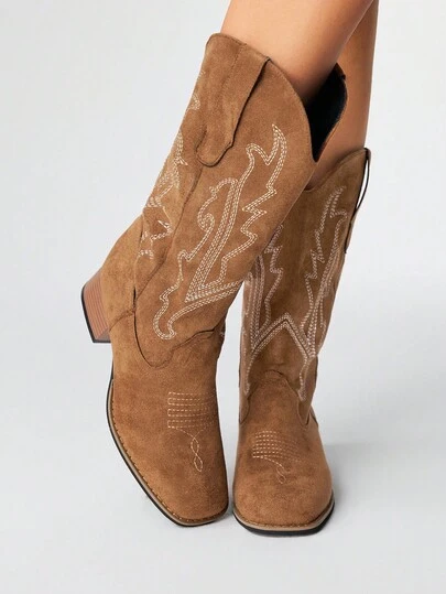 ROMWE Grunge Punk Women's 2025 Autumn/Winter Brown New Outdoor Fashion Embroidery Pointed Toe Chunky Heel Western Cowboy Ankle Boots, Slip-On For Christmas Y2K