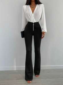 EURMUSE Petite Petite Size Flared Trousers With Zipped O-Ring - Black - View 3
