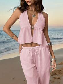 SHEIN EZwear Bộ 2 món đồ dệt kim thường ngày dành cho nữ, áo hở lưng và quần dài, mùa xuân/hè - Hồng - Xem 5