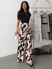 SHEIN 青少年女孩休闲优雅单色印花拼接短袖阔腿连体裤