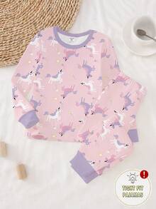 Bộ 2 món/Bộ đồ ngủ liền thân in hình kỳ lân hoạt hình có viền tương phản cổ tròn tay dài và quần vải dệt kim mềm mại và co giãn cho bé gái - Nhiều màu - Xem 4