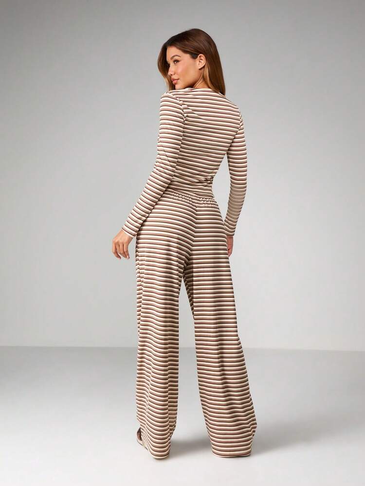 MISSGUIDED Ribbed Knit Co Ord Set With Horizontal Stripes Long Sleeve Cropped Top Wide Leg Pants Casual Loungewear Fall Winter Comfort