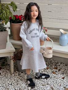 DAZY 女童圆领保暖内衬休闲韩版字母印花长袖连衣裙，秋冬款 - 灰色 - 查看 3