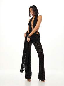 SUMWON WOMEN 蕾丝深V露背连体衣和阔腿喇叭裤两件套，系带细节和半透明面料，适合派对晚宴场合 - 黑色 - 查看 1