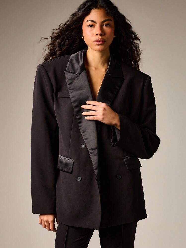 Oversized Double Breasted Blazer With Satin Lapels
