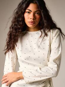 AiiRZ 波点长袖迷你连衣裙，带垫肩，侧边褶皱设计，圆领，派对晚宴修身白色连衣裙 - 彩色 - 查看 5