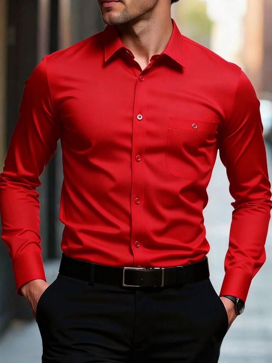 Manfinity Bizformal 男士正裝襯衫 素色長袖彈性免燙正式襯衫 商務休閒鈕扣式 紅色夏季酒紅設計 儀式用 - 紅色 - 查看 1