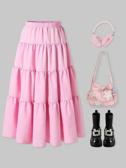 SHEIN ChillGRL Elegant Choice For Baby: Girls' Pink Woven Crinkle Fabric Skirt, Unique Texture, Delicate Details, Pleated Fluidity, Showcasing Sweet Elegant, Essential For Outings.