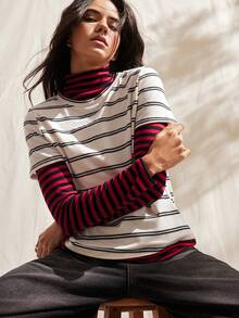 Easelle 女士休闲复古高领宽松条纹T恤 - 彩色 - 查看 7