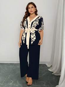 Rometta Bộ 2 món thời trang mùa hè thường ngày đi nghỉ cổ chữ V thắt nơ eo - Màu xanh hải quân - Xem 3