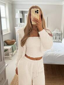 CovetEZ Áo bandeau trơn màu kèm quần ống rộng cạp rút thời trang cho nữ khi dự tiệc và đi làm - Màu be - Xem 2