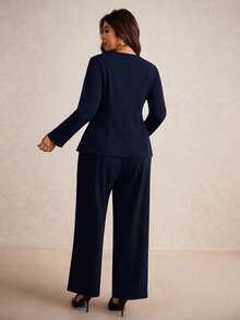 Elaquor Plus Size Black Metal Buckle Decor Long Sleeve Suit Set Formal Suit Plus Size Office Wear In Fall/Winter