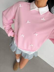 SHEIN Teen Girls Sweatshirts With Shirt Collar Patchwork, Bow Decor, Pullover Long Sleeve Elastic Hoodie Fall Winter Cute Sweatshirt Cute Plain Sweatshirts For Teens Bow Sweatshirt Sweatshirt For Teen Girls Sweater With Bows - Pink - View 2