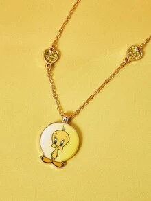 LOONEY TUNES X SHEIN 1件可爱卡通元素印花锌合金珐琅吊坠项链，镶嵌水钻心形小黄鸭，奢华小众，休闲时尚，适合派对、音乐会、节日等场合。 - 金色 - 查看 3