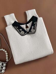 Franclia Vintage Elegant 2 In 1 Knit Sweater With Diamond Decor, Collared, Long Sleeve, Casual Everyday Wear, Back To School, Autumn/Winter - White - View 6