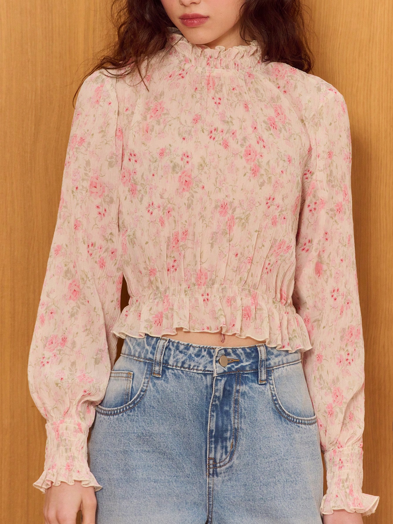 Pink Floral Print Plisse Crinkle Blouse With Mini Ruffle Neckline And Peplum Waist Cute Vintage French Style