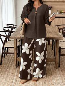 EMERY ROSE 2pcs Plus Size Women Casual Solid Color Long Sleeve Shirt And Floral Print Pants Set - Multicolor - View 3