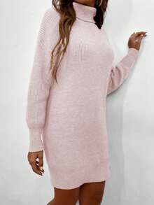 Rafferiza Solid Color High Neck Drop Shoulder Long Sleeve Loose Casual Knit Sweater Dress - Baby Pink - View 6