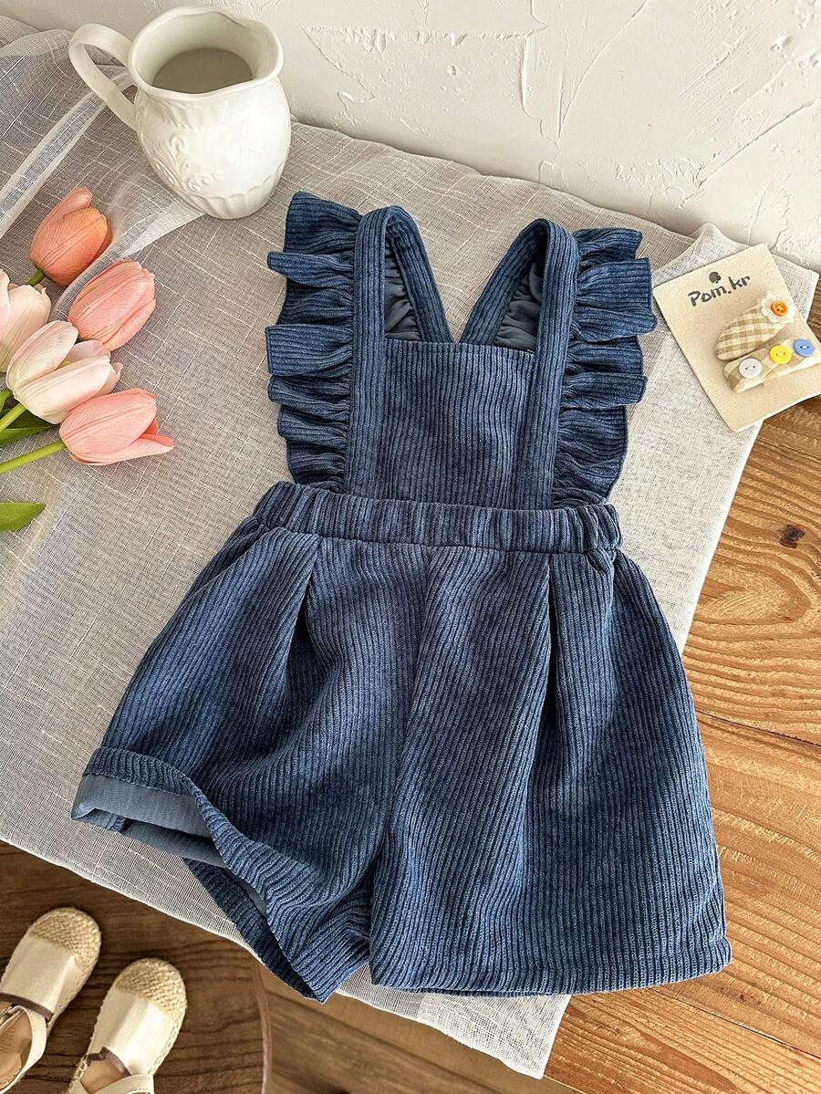 LMoss Kids LMoss 女婴梭织纯色方领荷叶边下摆休闲连体衣 女婴背带裙 女婴荷叶边连体衣 女婴服装背带裤 - 藍色 - 查看 1