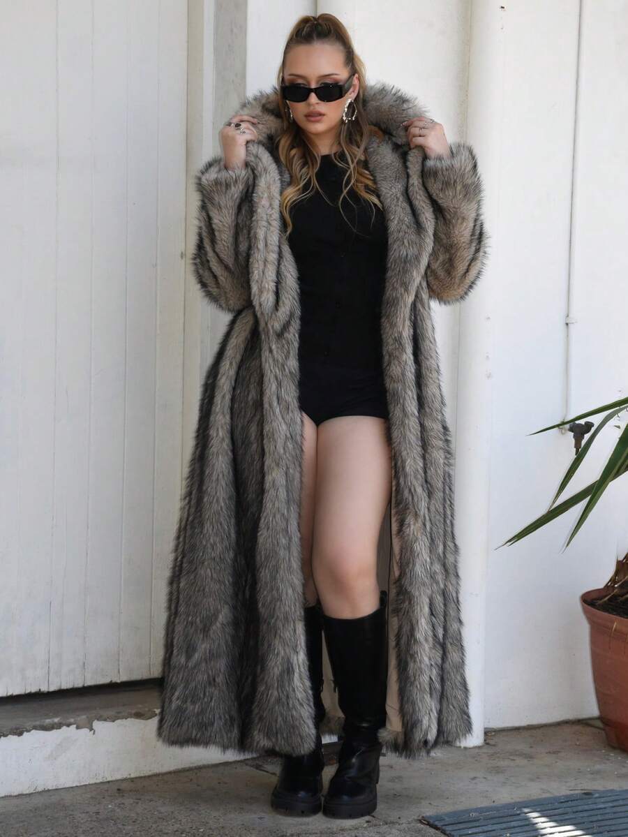 Arliah 2025 Autumn/Winter New Arrival Fluffy Long Maxi Coat, Elegant Women Furry Hooded Parka Jacket, Gradient Colors - Apricot - View 1