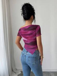 Elenzga Women's New Fashion Tie-Dye Print Asymmetrical Shoulder Short Sleeve T-Shirt - Hot Pink - View 2