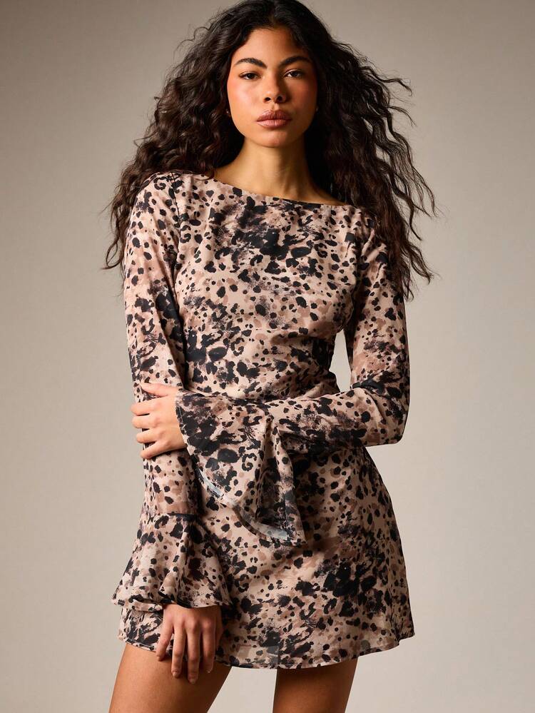 AiiRZ Mixed Animal Leopard Print Long Sleeve Mini Dress With Ruffle Hem And Back Cut Out Detail For Party Evening Occasions