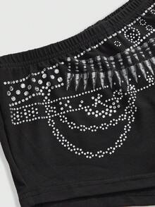 ROMWE Grunge Punk Rhinestone Rivet Metal Bullet Belt Pattern Sexy Ultra-Low Waist Mini Shorts - Black - View 3