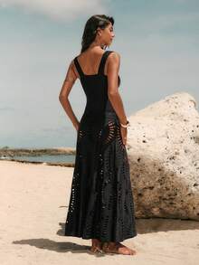 Swim Oasis 2pcs/Set Women One-Piece Swimsuit, Black Hollow-Out High-End Beach Vacation Ruched Bust Stylish Monokini With Long Skirt