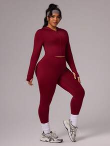 Rhythm Era Women's Thumb Hole Zipper Long Sleeve Cropped Top And Skinny Leggings 2 Piece Outfit, Fitted Sporty Casual Suit For Daily Wear, Plus Size Active Wear Plus Size Women Plus Size Activewear Set