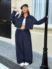 SHEIN ICON 大码女式牛仔钩编直筒裤 - 深色水洗藍 - 查看 9