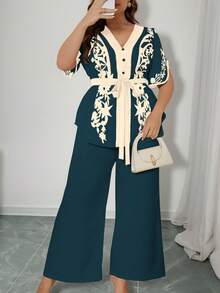 SHEIN Clasi 夏季时尚休闲度假V领蝴蝶结腰带两件套 - 水鴨藍 - 查看 8