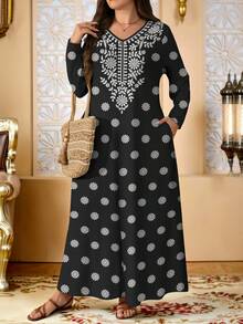 Lacomfia Váy dài tay cổ chữ V in họa tiết lá và dương xỉ cỡ lớn cho nữ, có túi và viền xòe - Nhiều màu - Xem 3