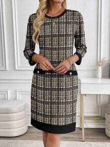 EMERY ROSE Đầm ngắn vải tweed kẻ caro dành cho nữ, kiểu dáng công sở thanh lịch, phù hợp cho mùa thu/đông, phong cách thường ngày. - Nhiều màu - Xem 4