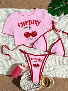 Swim Mod Women's Beachwear Summer Outfits: Three-Piece Women's Surfing Suit With Cherry Letter Print Shoulder Straps And Thong Bikini Set, Layered With A Sheer Mesh Crew Neck Short-Sleeved T-Shirt Cover-Up And Knitted Swimwear. - Multicolor - View 1