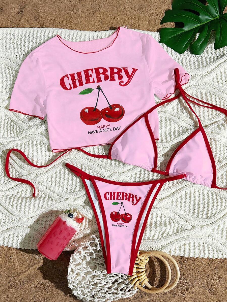 Swim Mod Women's Beachwear Summer Outfits: Three-Piece Women's Surfing Suit With Cherry Letter Print Shoulder Straps And Thong Bikini Set, Layered With A Sheer Mesh Crew Neck Short-Sleeved T-Shirt Cover-Up And Knitted Swimwear. - Multicolor - View 1