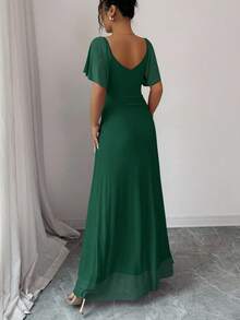 Elenzga 女士浅紫色V领荷叶袖褶裥开衩连衣裙，优雅伴娘礼服，派对礼服，春夏款 - 墨綠色 - 查看 2